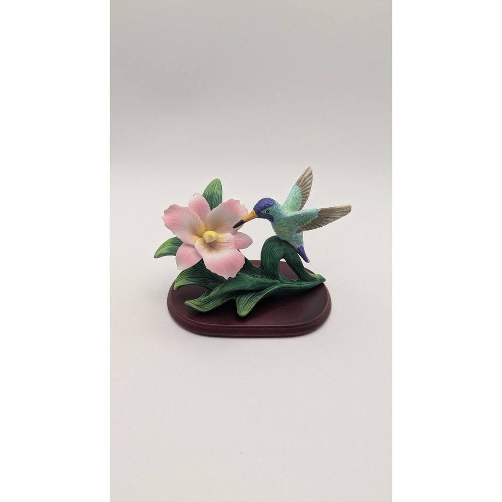 Porcelain Hummingbird and Pink Flower Figurine on Wood Base Decorative Ornament